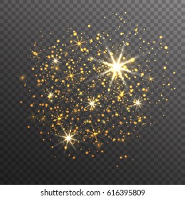 Gold glitter sparkles on transparent background. Vector golden dust texture. Twinkling confetti, shimmering star lights. Vector illustration.