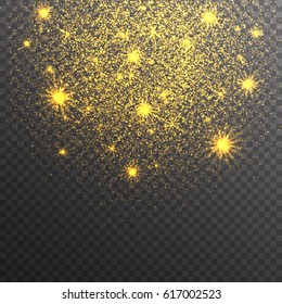 Gold glitter sparkles on transparent background. Vector golden dust texture. Twinkling confetti, shimmering star lights. Vector illustration.