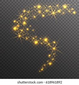 Gold glitter sparkles on transparent background. Vector golden dust texture. Twinkling confetti, shimmering star lights. Vector illustration.