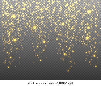 Gold glitter sparkles on transparent background. Vector golden dust texture. Twinkling confetti, shimmering star lights. Vector illustration.