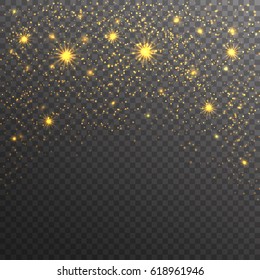 Gold glitter sparkles on transparent background. Vector golden dust texture. Twinkling confetti, shimmering star lights. Vector illustration.