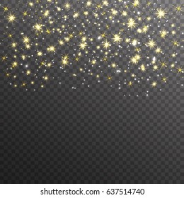 Gold glitter sparkles on transparent background. Vector golden dust texture. Twinkling confetti, shimmering star lights. Vector illustration.