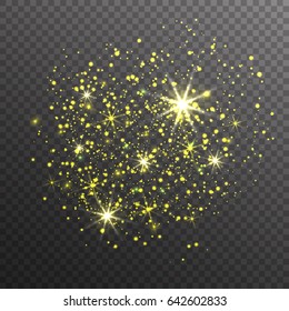 Gold glitter sparkles on transparent background. Vector dust texture. Twinkling confetti, shimmering star lights. Vector illustration.