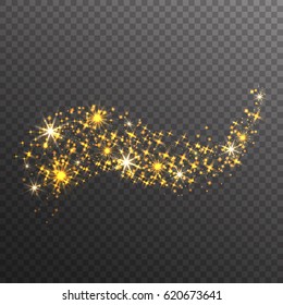 Gold glitter sparkles wave isolated on transparent background. Vector golden dust texture. Twinkling confetti, shimmering star lights. 