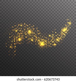 Gold glitter sparkles wave isolated on transparent background. Vector golden dust texture. Twinkling confetti, shimmering star lights. 