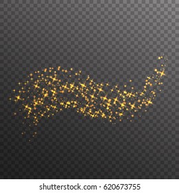Gold glitter sparkles wave isolated on transparent background. Vector golden dust texture. Twinkling confetti, shimmering star lights. 