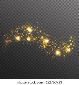 Gold glitter sparkles wave isolated on transparent background. Vector golden dust texture. Twinkling confetti, shimmering star lights. 