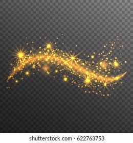 Gold glitter sparkles wave isolated on transparent background. Vector golden dust texture. Twinkling confetti, shimmering star lights. 