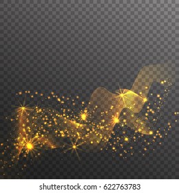 Gold glitter sparkles wave isolated on transparent background. Vector golden dust texture. Twinkling confetti, shimmering star lights. 
