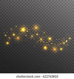 Gold glitter sparkles wave isolated on transparent background. Vector golden dust texture. Twinkling confetti, shimmering star lights. 