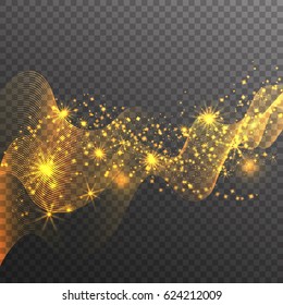 Gold glitter sparkles wave isolated on transparent background. Vector golden dust texture. Twinkling confetti, shimmering star lights. 