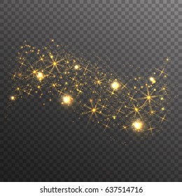 Gold glitter sparkles wave isolated on transparent background. Vector golden dust texture. Twinkling confetti, shimmering star lights. 