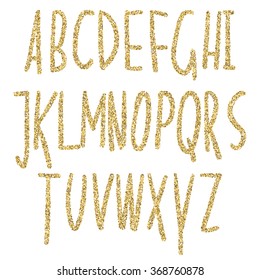 Gold glitter sparkling alphabet. Decorative golden luxury letters . Shiny glam abstract abc. Golden glitter text good for sale, holiday, voucher, shop, present, gift, header, wedding sparkle design. 