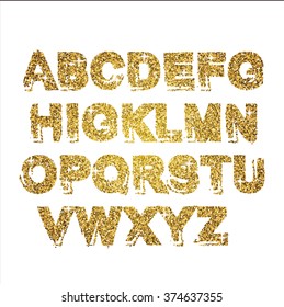 Gold glitter sparkling alphabet. Decorative golden luxury letters . Shiny glam abstract abc. Golden glitter text good for sale, holiday, voucher, shop, present, gift, header, wedding sparkle design.