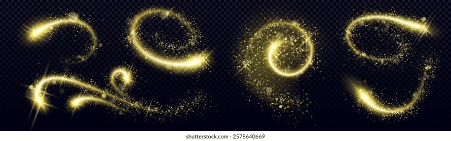 Gold glitter spiral collection with bright sparkle trails and magical stardust effects. Luminous curved paths with twinkling particles and radiant swirls for holiday decoration or enchanting design.