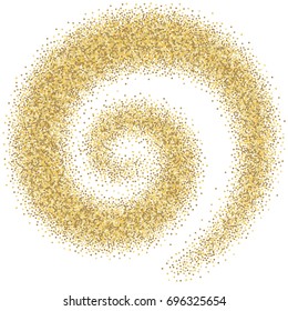 Gold Glitter Spiral Vector Background. Yellow And Brown Dust Falling Down, Flying Circle Golden Confetti Swirl Elements. Sparkle Dots, Curly Tinsel Backdrop Element Celebration