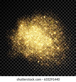 Gold glitter splatter of golden fireworks and shining star particles outburst on vector black transparent background. Shimmering sequins spray and gleaming light effect with sparkling flares texture