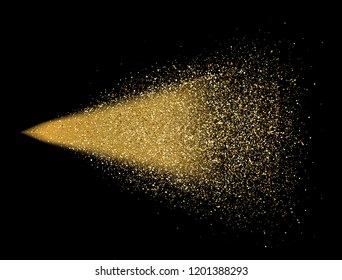 Gold glitter spray on black background. Glowing drops in motion. Golden magic star dust. Light particles. Bright glitter explosion. Sparkling firework. Vector illustration.