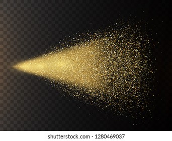 Gold Glitter Spray On Transparent Background. Glowing Drops In Motion. Golden Magic Star Dust. Light Particles. Bright Glitter Explosion. Sparkling Firework. Vector Illustration.