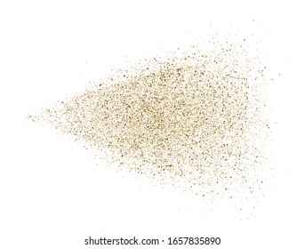 Gold Glitter Spray On White Background. Glowing Drops In Motion. Golden Magic Star Dust. Light Particles. Bright Glitter Explosion. Sparkling Firework. Vector Illustration