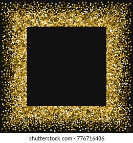 Gold glitter. Square messy frame on black background. Symmetrical vector illustration.
