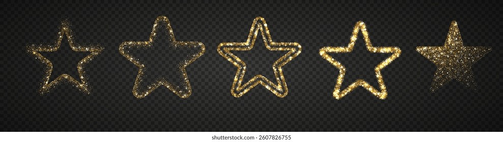 Gold glitter Star border with magic sparkles on dark background. Border with golden sparkles and magical glow. Festive backgrounds and Christmas design.