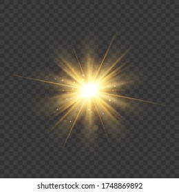 Gold glitter star burst with sparkles. Vector glow light effect