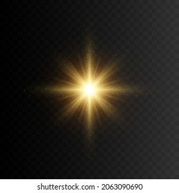 Gold glitter star burst with sparkles. Vector glow light effect