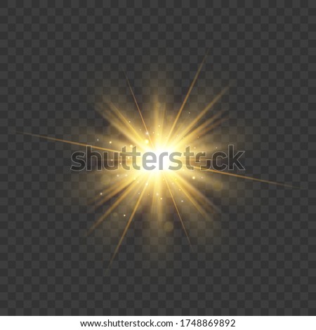 Gold glitter star burst with sparkles. Vector glow light effect