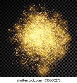 Gold Glitter Star Dust Explosion Of Shimmering Sparkling Confetti On Black Background.