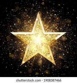 Gold glitter star with golden frame on dark background with fog. Christmas ornament shiny emblem vector illustration. Bright creative abstract decoration element for celebration.