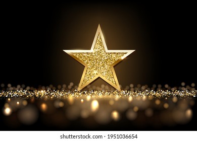 Gold glitter star with golden frame on dark sparkling background with fog. Christmas ornament shiny emblem vector illustration. Bright creative abstract decoration element for celebration.