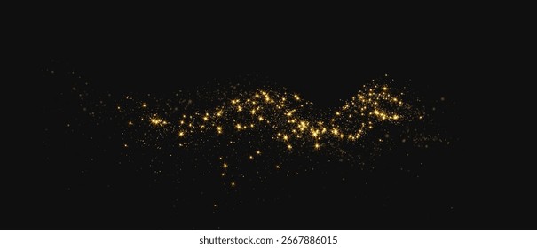 Gold, glitter, star, magic, light, and background blend in a festive golden. Yellow and white dust, particles, and confetti create a glowing Overlay on a transparent night for luxury holiday desig