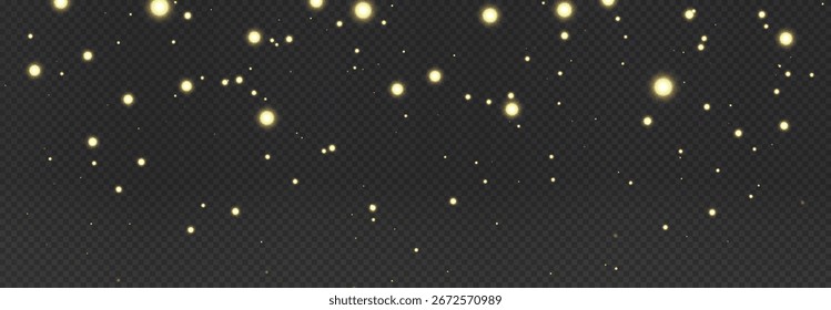 El oro, el brillo, la estrella, la magia, la luz y el fondo se mezclan en un dorado festivo. Polvo amarillo y blanco, partículas y confeti crean una capa brillante en una noche transparente para el diseño de vacaciones de lujo