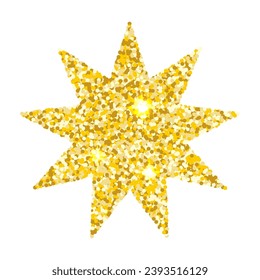 Gold glitter star with nine rays isolated on white background. Sparkling vector holiday decor, metallic element.