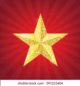 Gold glitter star on the red grunge background