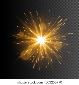 Gold glitter star. Transparent glow light effect. Star burst with sparkles. Vector design
