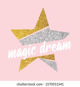 gold glitter star white text line girl tee illustration art vector