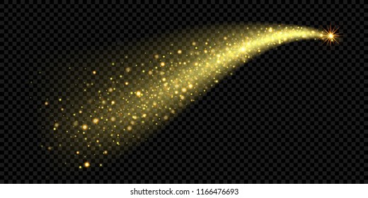 Gold glitter stardust magic trail. Spark light christmas trail wave with glow star shine on black transparent background. Vector glittering comet