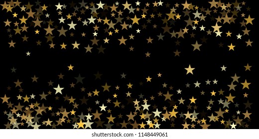 gold glitter stars background, sparkle lights confetti falling. magic shining Flying christmas stars on night sky cosmic backdrop, golden winter vector border isolated on black. 