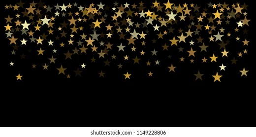 gold glitter stars background, sparkle lights confetti falling. magic shining Flying christmas stars on night sky cosmic backdrop, golden winter vector border isolated on black. 