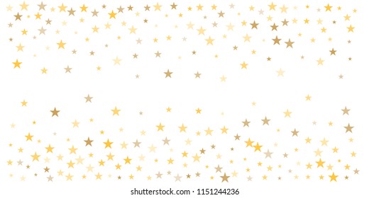 gold glitter stars background, sparkle lights confetti falling. magic shining Flying christmas stars on night sky cosmic backdrop, golden winter vector border isolated on white. 
