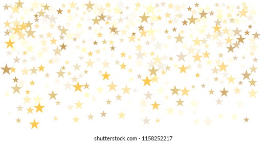 gold glitter stars background, sparkle lights confetti falling. magic shining Flying christmas stars on night sky cosmic backdrop, golden winter vector border isolated on white. 