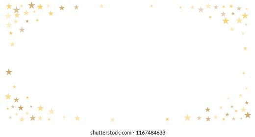 gold glitter stars background, sparkle lights confetti falling. magic shining Flying christmas stars on night sky cosmic backdrop, golden winter vector border isolated on white. 