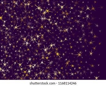 Gold glitter stars background, sparkle lights confetti falling. Magic shining flying christmas stars on night sky cosmic backdrop, golden winter vector border isolated on ultra violet.