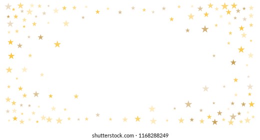 gold glitter stars background, sparkle lights confetti falling. magic shining Flying christmas stars on night sky cosmic backdrop, golden winter vector border isolated on white. 