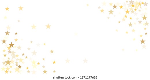 gold glitter stars background, sparkle lights confetti falling. magic shining Flying christmas stars on night sky cosmic backdrop, golden winter vector border isolated on white. 