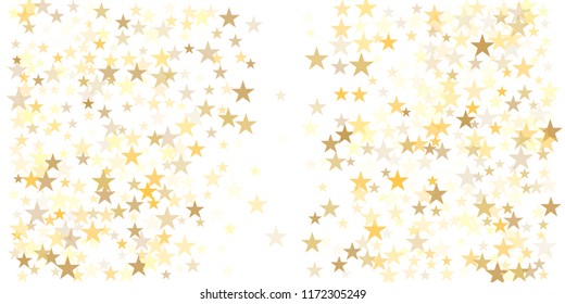 gold glitter stars background, sparkle lights confetti falling. magic shining Flying christmas stars on night sky cosmic backdrop, golden winter vector border isolated on white. 