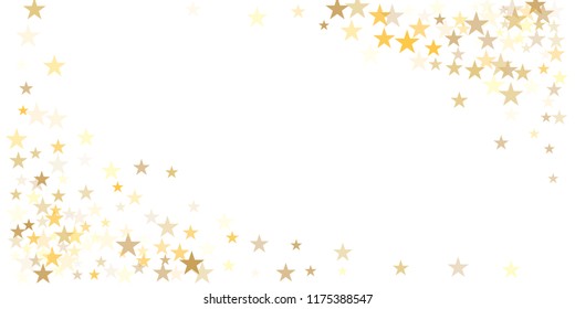 gold glitter stars background, sparkle lights confetti falling. magic shining Flying christmas stars on night sky cosmic backdrop, golden winter vector border isolated on white. 