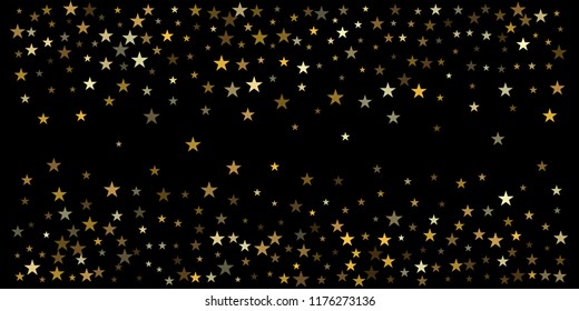 gold glitter stars background, sparkle lights confetti falling. magic shining Flying christmas stars on night sky cosmic backdrop, golden winter vector border isolated on black. 